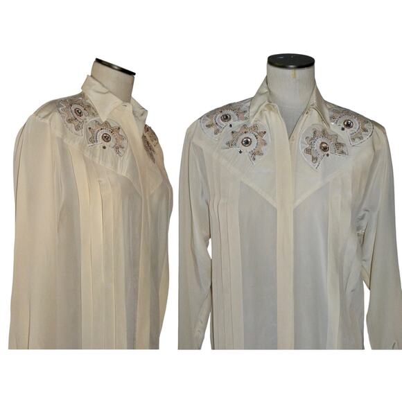 80s Ivory Cream Silk Blouse | Vintage Rhinestones Tuxedo Blouse | XS S - Picture 1 of 10